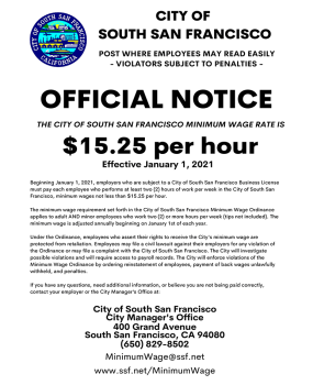City of South San Francisco Minimum Wage Official Notice